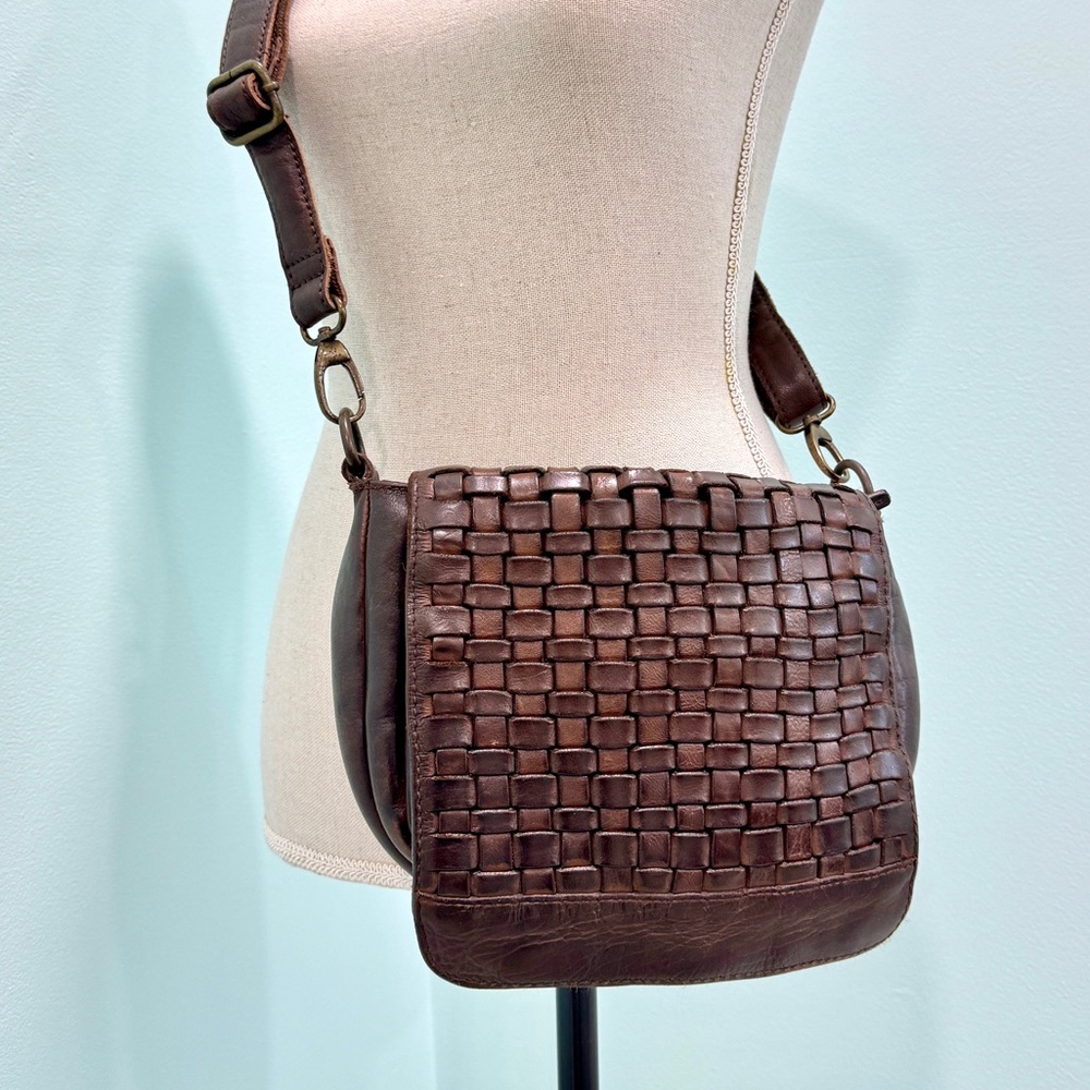 Brown Woven Leather Adjustable Strap Small Crossbody Purse Bag Distressed Travel